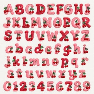 May include: A complete set of embroidered alphabet letters and numbers, featuring uppercase and lowercase characters alongside digits zero through nine. Each character is rendered in shades of pink and red, decorated with small cherry motifs.