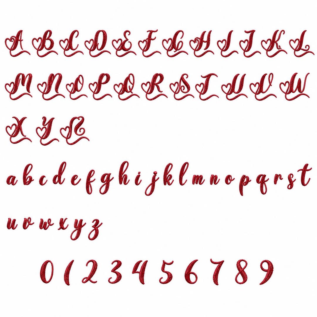 Handwritten Script Embroidery Font, Heart Alphabet Design, BX Cursive ...