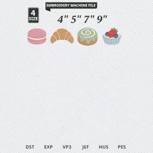 Stickdatei für süße Leckereien, Macarons, Croissants, Zimtschnecken und Cupcakes, Stickdatei für Lebensmittel