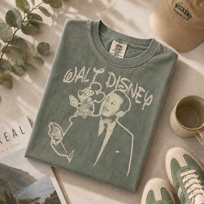 May include: A sage green t-shirt featuring a graphic of Walt Disney with Mickey Mouse and the text "Walt Disney". The shirt is surrounded by a beige cap, a mug, and sneakers.