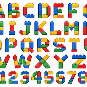 Puede incluir: Un conjunto completo del alfabeto inglés de la A a la Z y los números del 0 al 9, construidos con bloques de construcción de plástico entrelazados de colores. Cada carácter presenta una superficie texturizada con pernos visibles, en colores primarios rojo, azul, amarillo y verde.