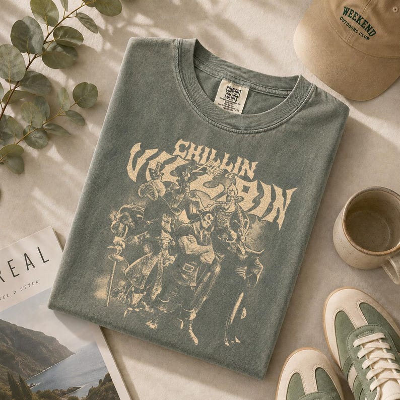 May include: A sage green short-sleeve t-shirt featuring a cream-colored graphic print of various animated villains with the text "CHILLIN LIKE A VILLAIN" above the characters. The shirt has a crew neckline and a Comfort Colors brand label inside.