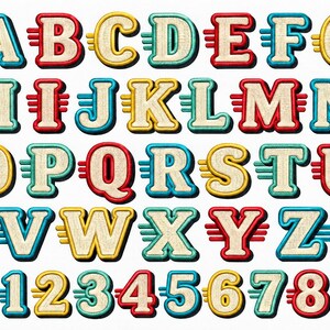 May include: A complete set of embroidered alphabet letters from A to Z and numbers from 0 to 9. Each character features a textured cream-colored center with a thick, raised border in alternating red, yellow, and teal colors, accented by three horizontal lines on each side.