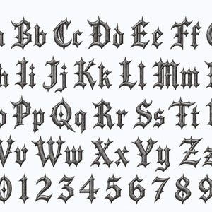 May include: A complete set of uppercase and lowercase letters from A to Z and numbers from 0 to 9, rendered in a dark gray, textured, gothic-style embroidery font with sharp, pointed edges and a distinct, ornate, medieval-inspired typeface design.