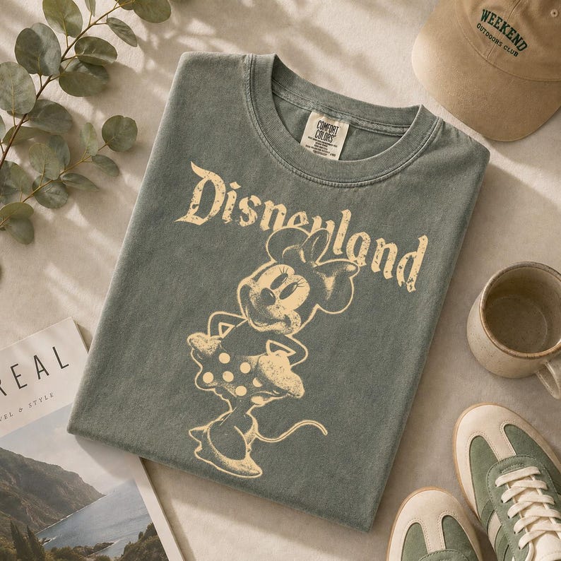 K&ouml;nnte beinhalten: Salbeigr&uuml;nes T-Shirt mit einem verblichenen Minnie Mouse-Motiv und dem Wort "Disneyland". Das T-Shirt ist Teil einer Freizeitkollektion mit entspannter Passform und klassischem Rundhalsausschnitt.