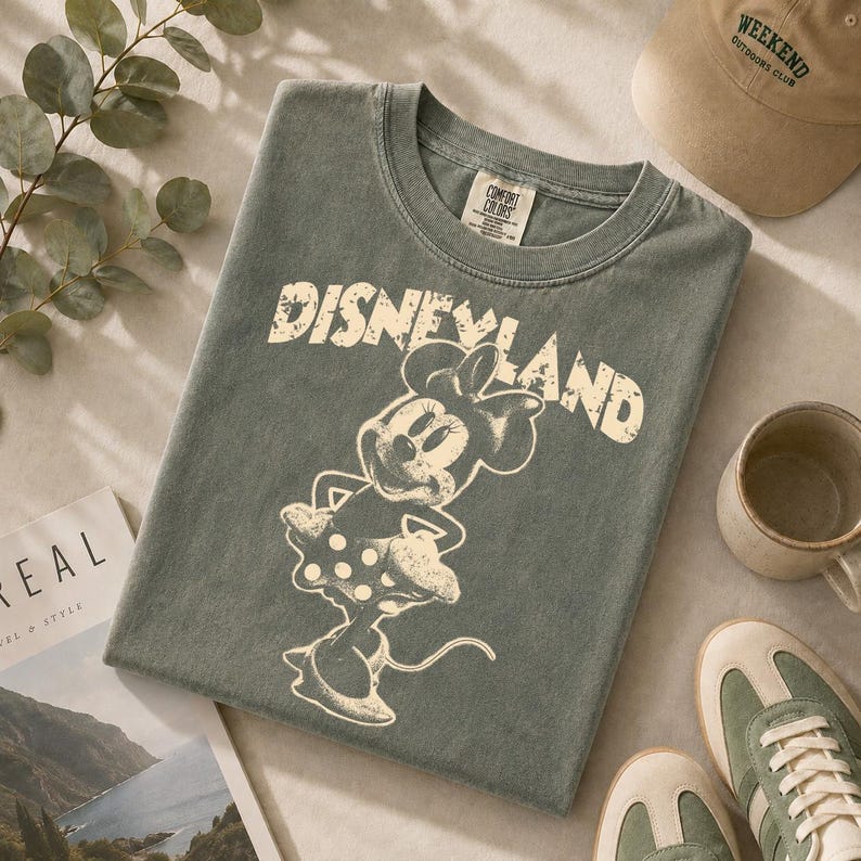 May include: A sage green t-shirt featuring a distressed "Disneyland" graphic and a Minnie Mouse illustration. The shirt is surrounded by a beige cap, a mug, and green and beige sneakers.