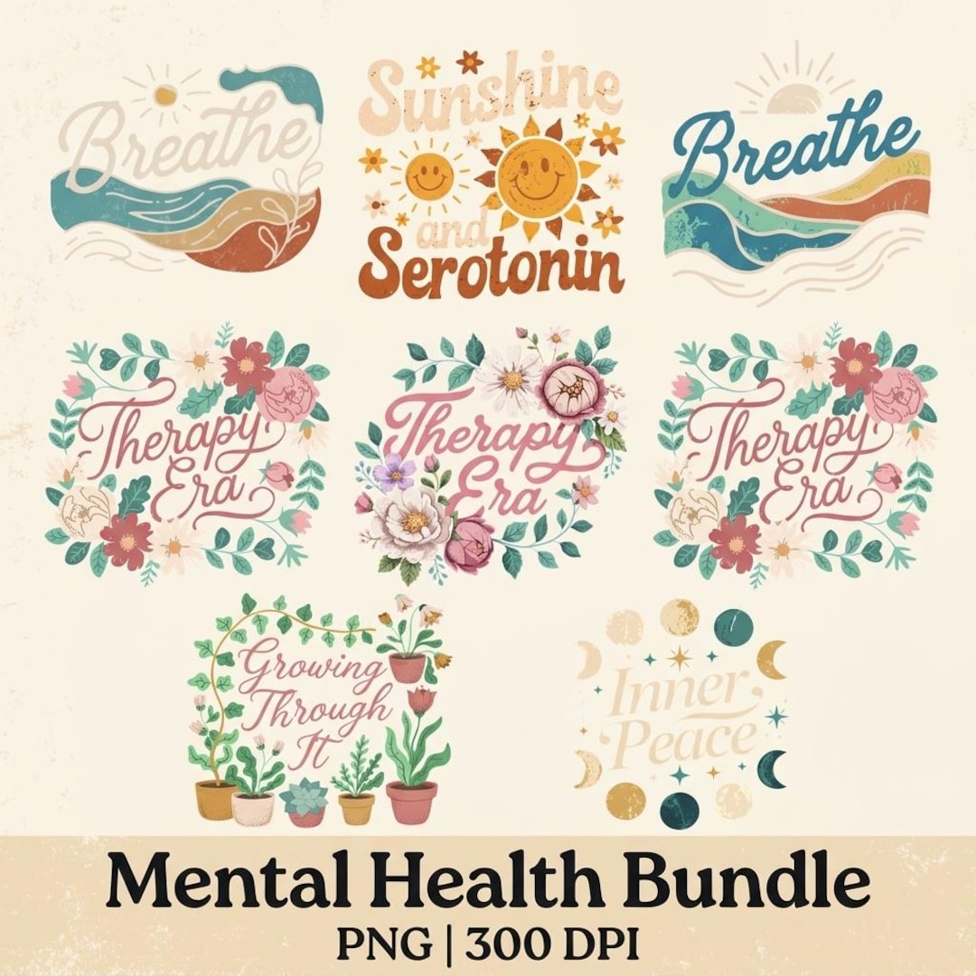 Mental Health PNG Bundle, Self Care Affirmations, Positive Vibes Art ...