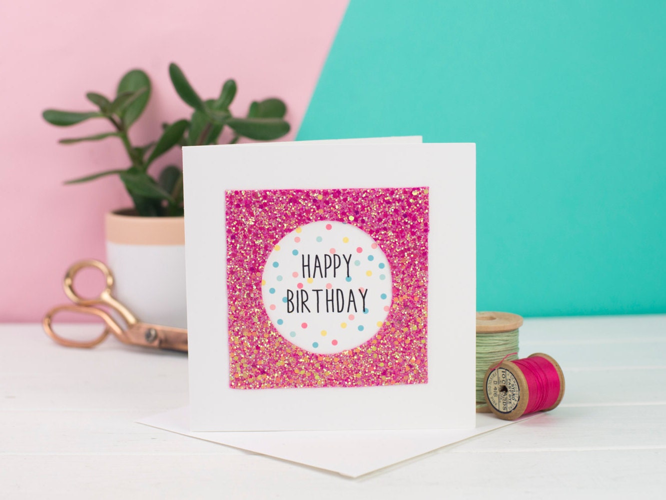 Glitter Happy Birthday Card Pink Glitter Card Card For Etsy