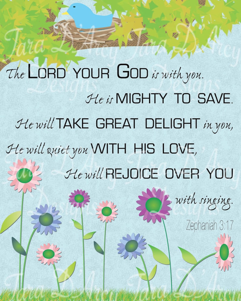 Printable Zephaniah 3:17 Wall Print with Flowers 8x10 image 2