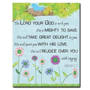 Printable Zephaniah 3:17 Wall Print with Flowers 8x10 image 1