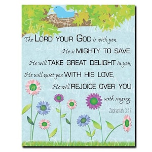 Printable Zephaniah 3:17 Wall Print with Flowers 8x10 image 1