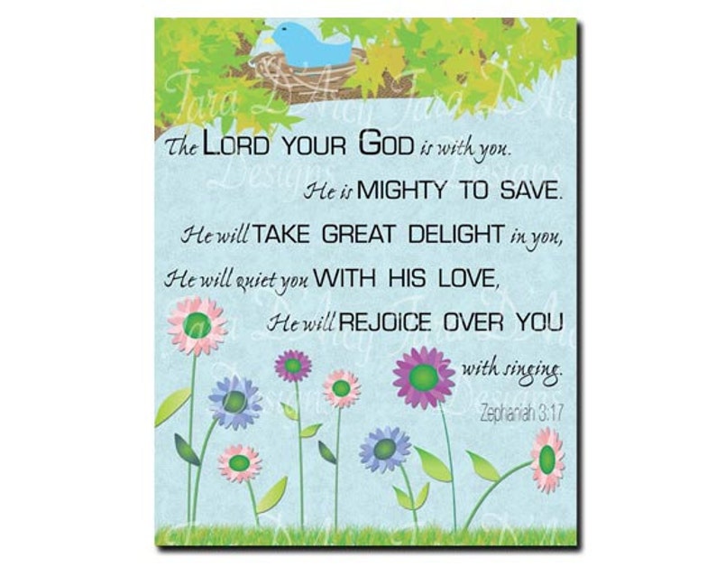 Printable Zephaniah 3:17 Wall Print with Flowers 8x10 image 1