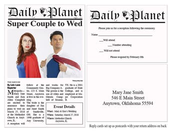 Printable Daily Planet Wedding Invitations and Reply Cards