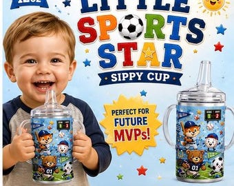 Little Sports Star Sippy Cup | Sports Themed Toddler Cup with Handles & Straw | Baseball Football Basketball Soccer Hockey Cup | Baby Gift