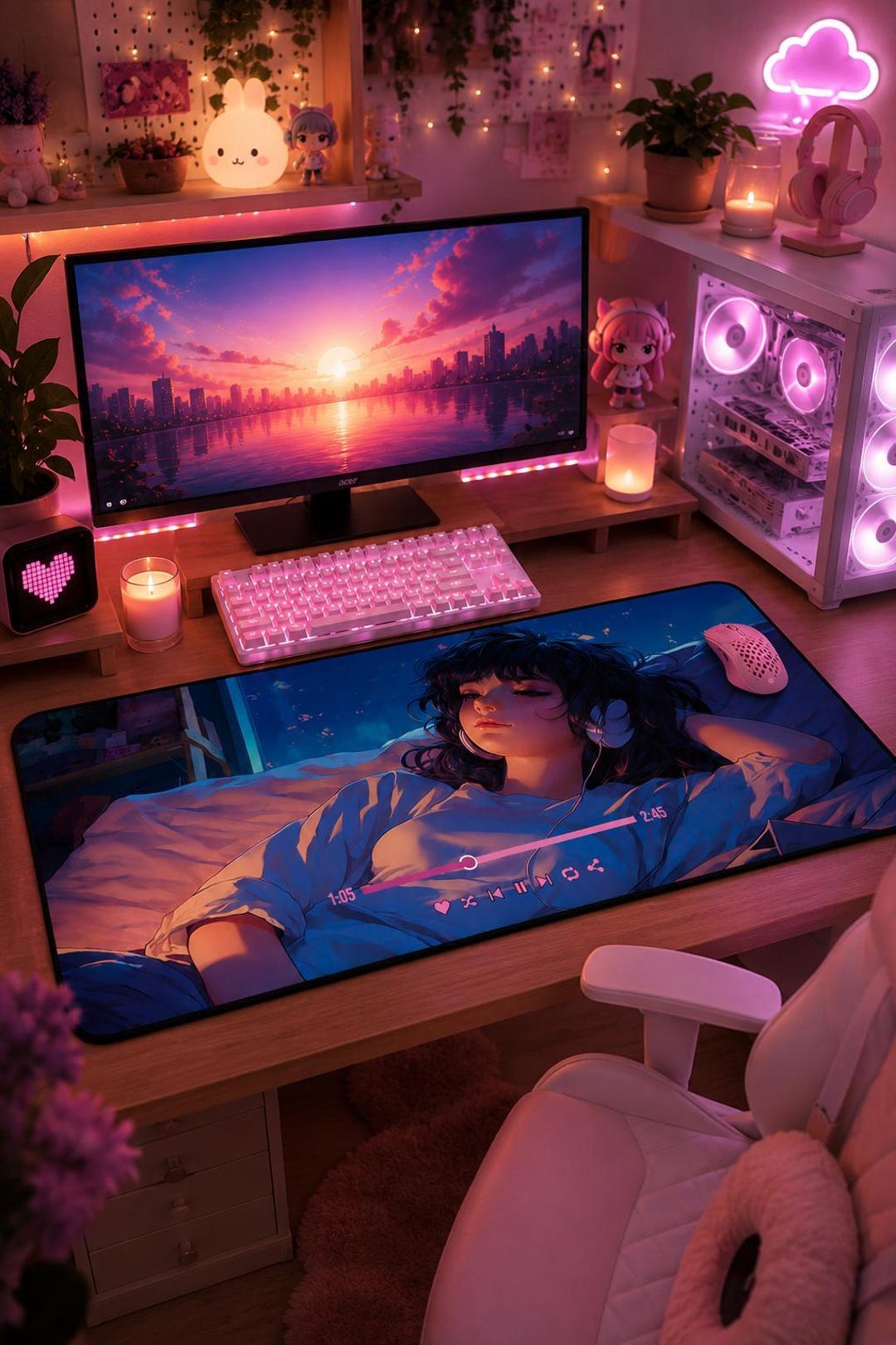 Anime Girl Desk Mat 16x32 | Pink Blue Gaming Pad, Gaming Room Decor - Etsy