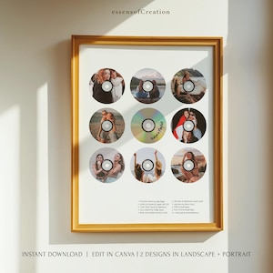 May include: A framed poster featuring a grid of nine circular photo collages arranged like compact discs. The center disc is iridescent with the text 'Kalya's Playlist'. Below the discs is a tracklist with eleven song titles and artists.