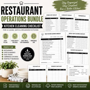 Könnte beinhalten: Ein Restaurant-Betriebspaket mit einer Küchenreinigungs-Checkliste und verschiedenen Protokollen. Die Dokumente umfassen eine Checkliste für Schichtbeginn und -ende, ein Temperaturprotokoll, eine tägliche und wöchentliche Reinigungs-Checkliste, ein Wartungsprotokoll, ein Lebensmittelabfallprotokoll, ein Inventarblatt und eine tägliche Manager-Überprüfung.