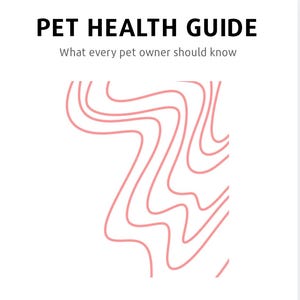 Könnte beinhalten: Ein weißes Informationshandbuch mit dem Titel "PET HEALTH GUIDE" und dem Untertitel "What every pet owner should know". Das Handbuch zeigt ein rosa abstraktes Design und den Text "YOUR DOG HAS DIARRHEA: WHAT TO DO & WHEN TO WORRY."