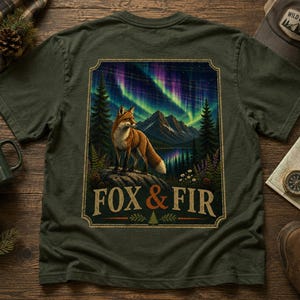 Puede incluir: Una camiseta verde oliva con un gráfico rectangular en la espalda. El diseño muestra un zorro sobre una roca frente a un lago de montaña, pinos y una aurora boreal en tonos violetas y verdes. El texto FOX & FIR aparece impreso debajo.