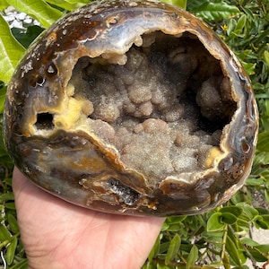 Large Chocolate Brown Agate Geode Sphere – Sparkling Botryoidal Druzy Interior
