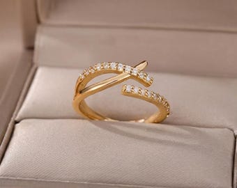 Gold Plated Stainless Steel Geometric Cross Ring, Zircon Accented, Adjustable Wedding Jewelry