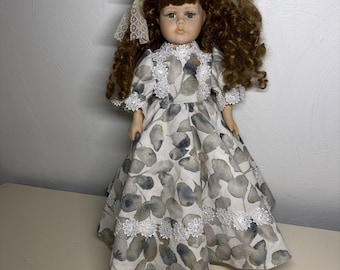 Vintage 16" Porcelain Doll, Blue Eyes Brown Hair Cloth Body Floral W Lace Dress