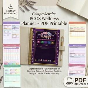 May include: A digital PDF PCOS Wellness Planner with a purple cover and gold accents, displayed open in a beige binder. The planner includes sections for daily wellness, monthly cycle tracking, and symptom tracking. The text reads "Instant Download" and "PDF Printable."