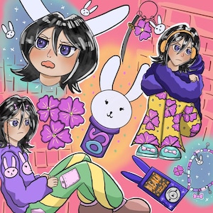 May include: Illustration of a character with black hair and purple eyes, surrounded by bunny and flower motifs. The character is depicted in various poses, wearing purple and yellow clothing. Accessories include a sword, headphones, and a music player.