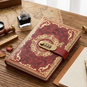 Vintage Red PU Leather Journal with Combination Lock, Gilded Retro Diary, A5 Notebook