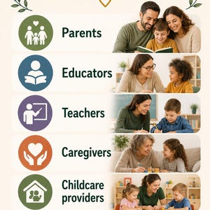 Peut inclure: Une affiche informative intitulée WHO IT IS FOR, présentant six rangées d'icônes et de photographies. Chaque ligne affiche une étiquette de catégorie : Parents, Educators, Teachers, Caregivers, Childcare providers et Families, avec des images.