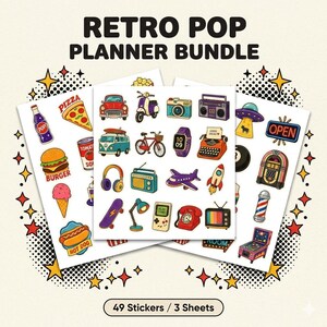 May include: Retro Pop Planner Bundle sticker sheets with 49 stickers. The stickers feature retro illustrations of a car, scooter, camera, boombox, UFO, pizza, burger, ice cream, hot dog, and more. The stickers are on three sheets.