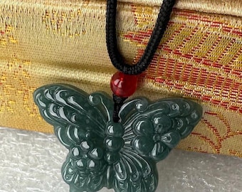 Natural Jade Butterfly Pendant Necklace, Carved Green Jade, Adjustable Cord or Sterling Silver