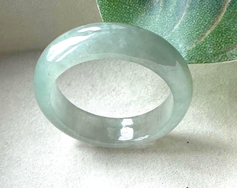 Natural Jadeite Band Ring, White Green Untreated Jade, Unique Patterning