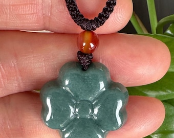 Natural Color Deep Green Jade Four Leaf Clover Pendant Necklace, Good Luck Charm