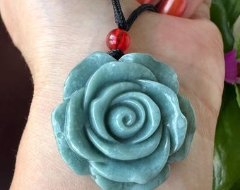 Natural Jade Rose Pendant Necklace, Carved Jade Flower, Good Luck Gift