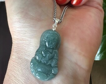 Natural Jade Guanyin Pendant Necklace, Goddess of Mercy, Deep Green Carved Jade