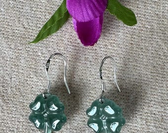 Natural Jade Earrings, Four-Leaf Clover and Lotus Flower, 925 Sterling Silver Hooks