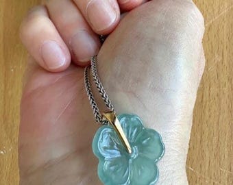 Natural Color Jade Plum Blossom Pendant, Icy Blue-Green Flower Charm, Traditional Good Luck Gift