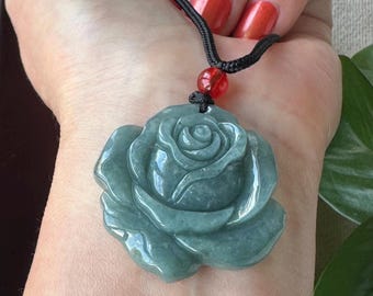 Natural Deep Green Jade Rose Pendant, Carved Flower, Traditional Blessing Necklace