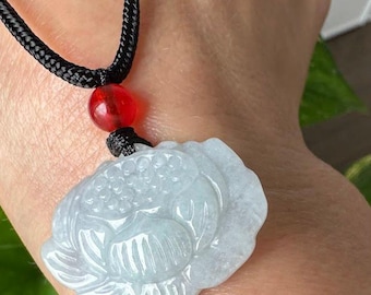 Natural Jade White Lotus Pendant Necklace, Carved Jade Flower, Traditional Good Luck Gift