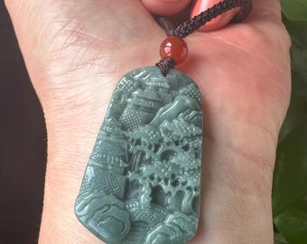 Natural Jade Mountain Water Landscape Pendant, Carved Scenic Necklace, Traditional Good Luck Gift