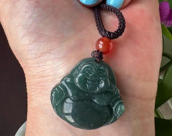 Natural Deep Green Jade Laughing Buddha Pendant, Untreated Carved Amulet