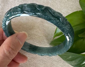 Certified Grade A Jadeite Dragon Phoenix Bangle, Hand-Carved Deep Forest Green (57–62mm)