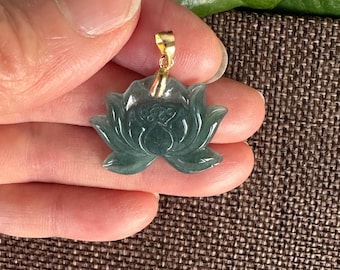 Natural Jade Lotus Pendant, Gold-Filled Bail, Good Luck Charm