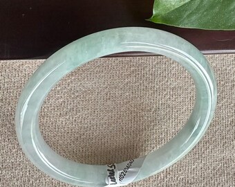 Certified Grade A Jade Bangle Bracelet, Natural Green White, Round Profile, Sizes 54-62mm