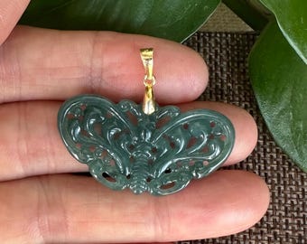 Natural Double-Sided Jade Butterfly Pendant, Green Carved, Choice of Cord or Sterling Silver Chain