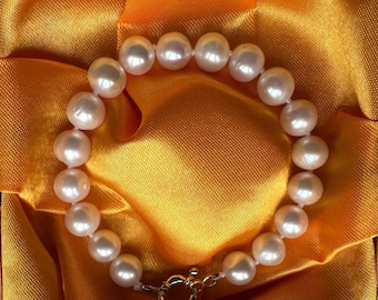 Genuine Freshwater Pearl Bracelet, 925 Sterling Silver Clasp, Lustrous Cream-White Pearls