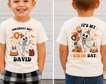 Camiseta de aniversário personalizada, camiseta com estampa de esqueleto para festa de aniversário, blusa fofa combinando com nome personalizado, moletom combinando para presente de aniversário com tema de esqueleto