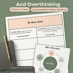 May include: A downloadable and fillable workbook titled Control Rumination And Overthinking. The document features a Brain Dump section with a Noise Dump and Sort Box, alongside a Cycle of Rumination diagram with circles labeled Trigger, Distress, Search, False Alarm, and Reinforcement.