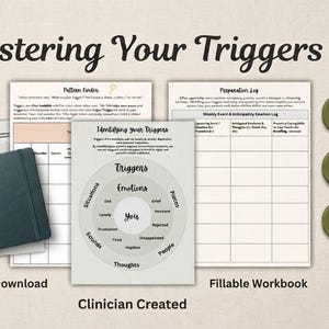 以下が含まれることがあります： Mastering Your Triggersの記入式ワークブックセット。印刷されたページ、表、感情の円形図、ダークグリーンのノート、ゴールドのペンが含まれています。3つのダークグリーンのボタンには、Identify Your Triggers、Develop Coping Skills、Prepare For The Futureというテキストが表示されています。